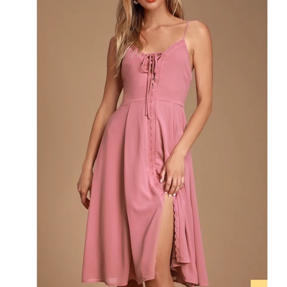 Lulus Dresses & Skirts - NWT LULUS DONT STEAL MY SUNSHINE MAUVE PINK LACE UP MIDI DRESS SIZE SMALL